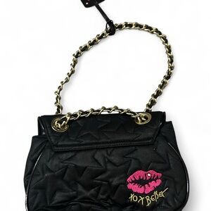 Betsey Johnson Black Quilted Women's Bag with Pink Embroidery